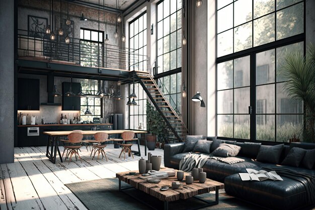 Industrial home with sleek furniture and minimalist design elements created with generative ai