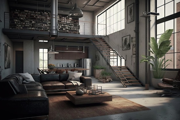 Industrial home with sleek and modern furniture and contemporary decor created with generative ai