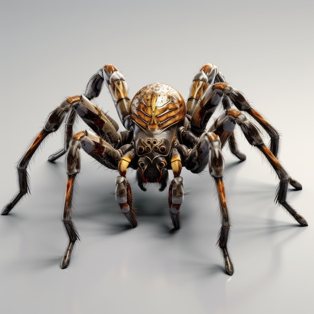 Photo industrial horror 3d spider with goldcovered eyes on grey background