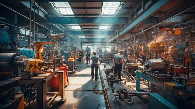 Industrial interior of metalworking workshop with large machinery equipment