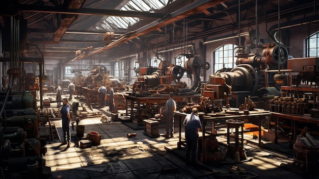 Foto interni industriali di officine di lavorazione dei metalli con grandi macchinari.