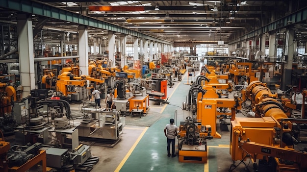 Industrial interior of metalworking workshop with large machinery equipment