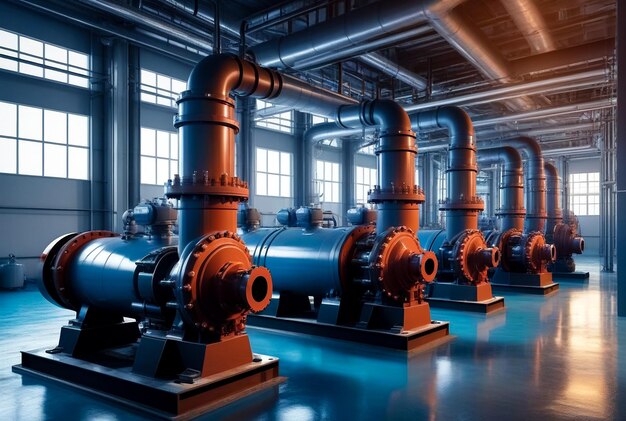 Industrial interior of water pumps valves pressure gauges motors inside engine room industry pump in an technical room urban modern powerful pipelines automatic control systems copy space
