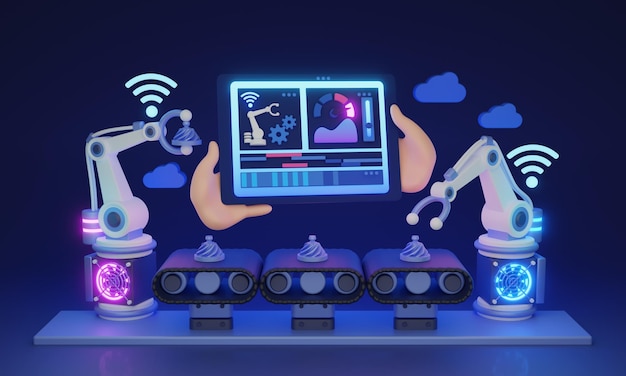 제조 자동화 3D 일러스트레이션을 위한 산업용 IoT 데이터 대시보드