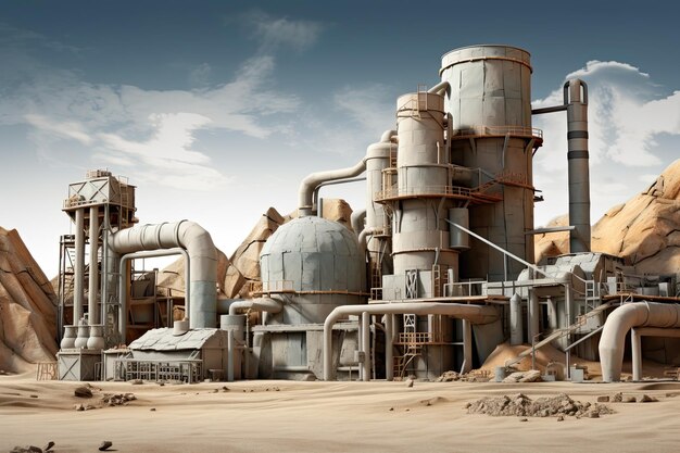 Industrial landscape: cement factory exterior with chimneys, pipes, and tanks emitting pollution