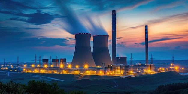 Industrial Landscape Illuminated At Night A Glimpse Of A Nuclear Power Plant With Chimneys And Cooling Towers