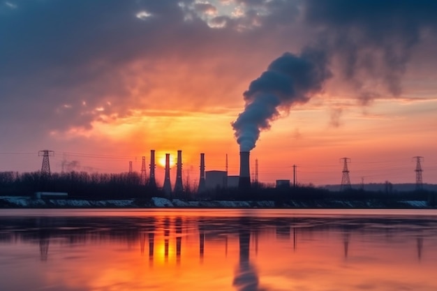 Промышленный ландшафт заводских труб, производящих токсичный дым с загрязнением воздуха в небе на закате