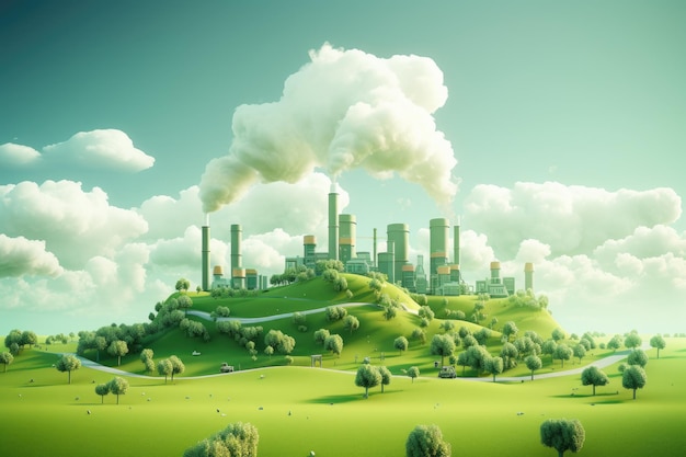 Industrial landscape with chimneys in the sky 3d render Green Industry Eco Power Factory Good environment ozone air low carbon footprint AI Generated