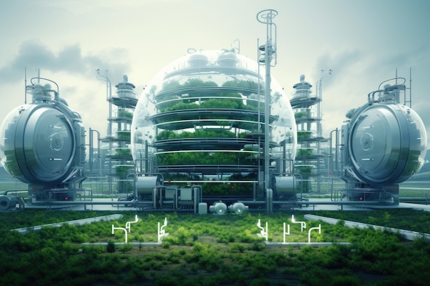 Industrial landscape with gas tanks and green trees 3d rendering bioenergy power plant The air is filled with a faint hum of machinery AI Generated