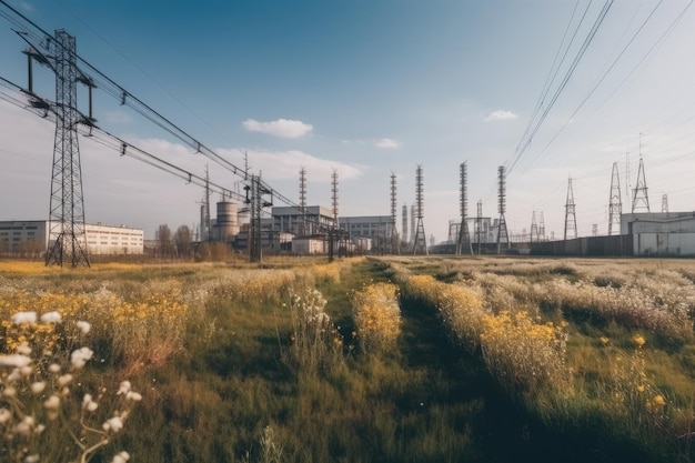 Industrial landscape with high voltage power lines and yellow flowers Toned Ecological electrical power plants all in one frame AI Generated