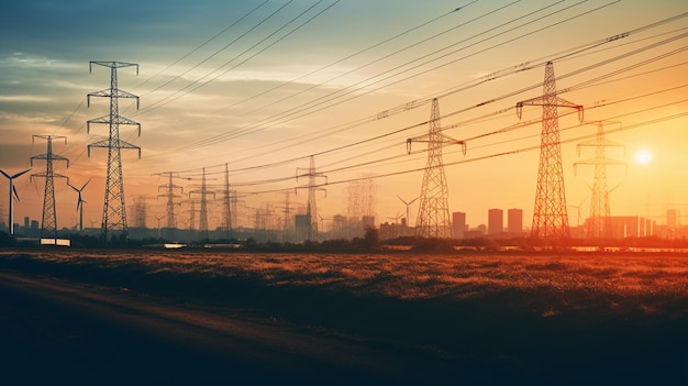 An industrial landscape with highvoltage power lines towering above