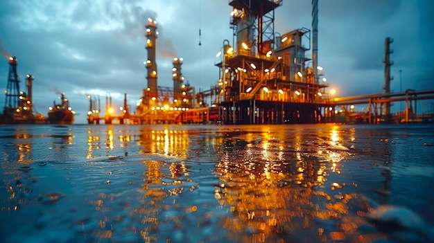 Photo industrial landscape with oil refinery plant at sunset