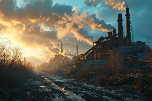 Industrial landscape with power plant at sunset toned image