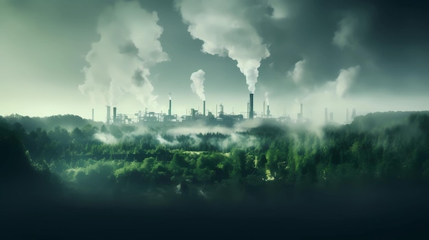 Industrial landscape with smoke rising from factory chimneys Concept of environmental pollution