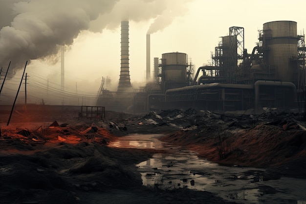Industrial landscape with smokestack 3D render Abandoned industrial area in the smoke and smog Disaster concept AI Generated