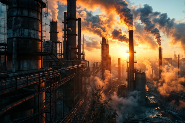 Industrial landscape with smoking chimneys at sunset