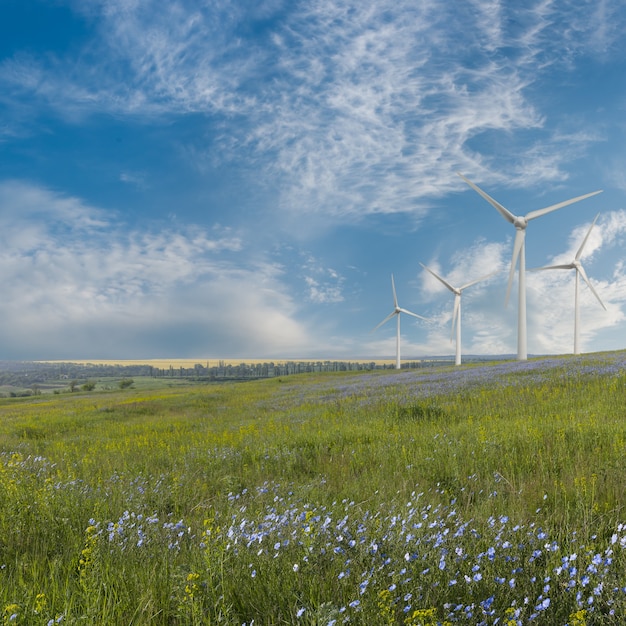 Industrial landscape with wind turbines in field, renewable eco energy, electric windmills