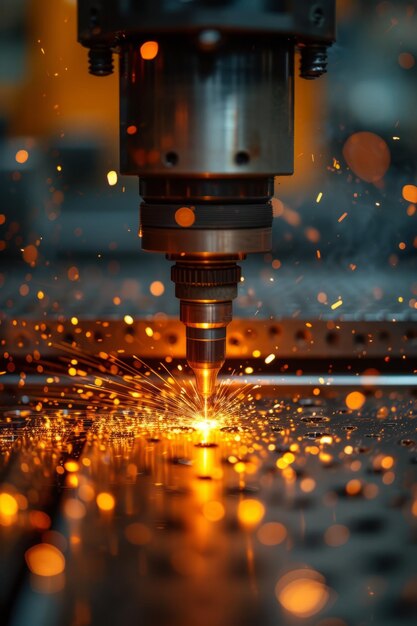 Industrial laser cutting machine in operation cutting through metal plate with sparks flying