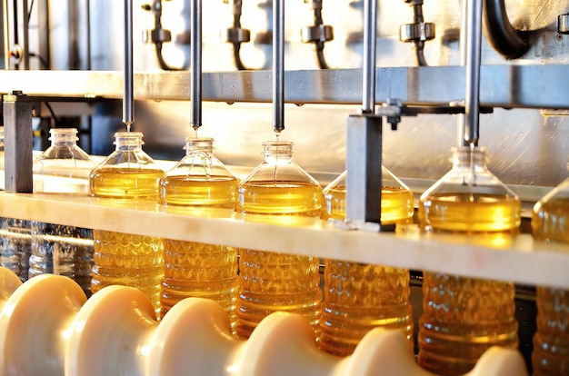 Linea industriale per la produzione di olio di girasole. linea di riempimento automatizzata