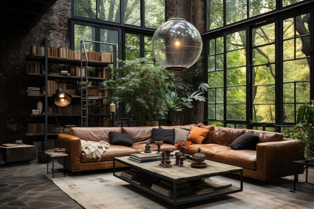 Industrial living room with vintage furniture generative IA