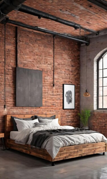 Фото Промышленный лофт интерьерный дизайн современной спальни с деревянной кроватью рядом с кирпичной стеной