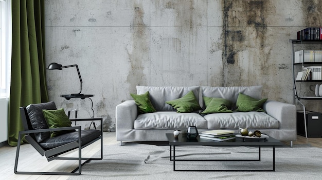 Foto interno del soggiorno industriale e del loft con parete di cemento divano grigio generativo ai