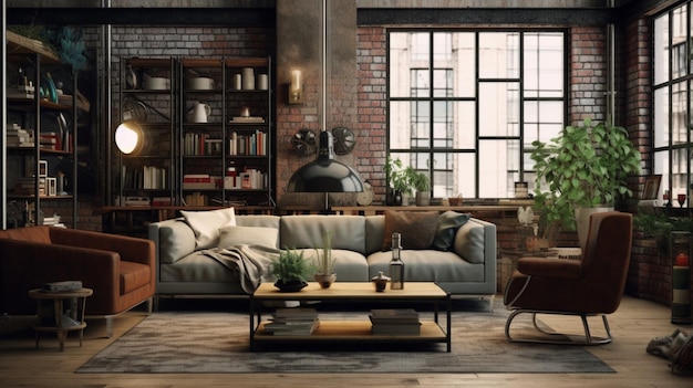 Industrial loft living room interior with a cozy sofa a comfortable chair Generative AI