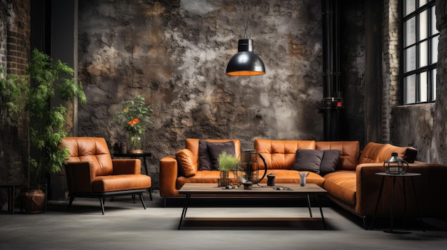 Industrial loft living room interior with sofachair and brick wall