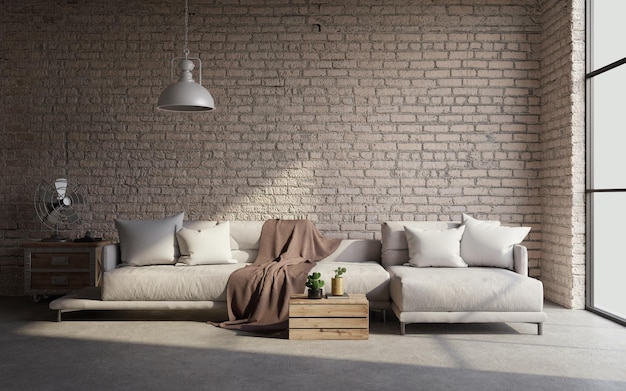 Industrial loft living room interior with sofawood tableslamp and brick wall