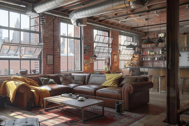 Industrial loft living room with a leather sofa an