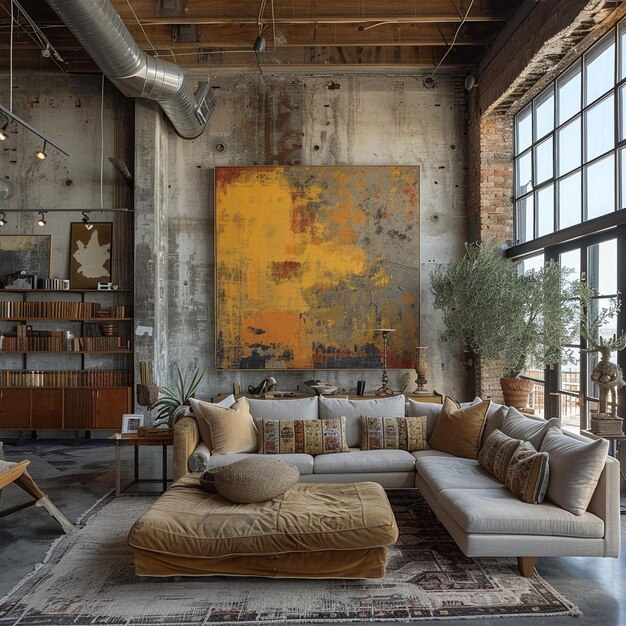 Industrial loft living space with exposed ductwork and concrete floors