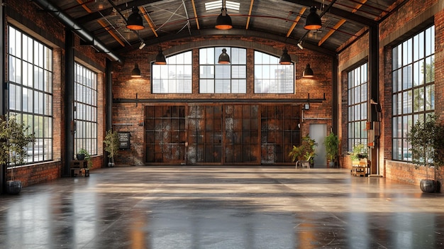 インダストリアルスタイルのロフト 空き古い倉庫 インテリア レンガの壁 コンクリートの床と黒い鋼の屋根