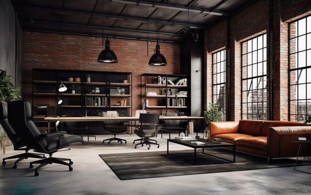 Industrial loft style office 3d render