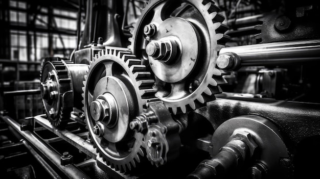 Photo industrial machine with gears and cogs in monochrome 4xjpg