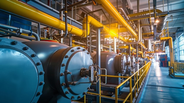 industrial machinery inside a factory with pipes and boilers during daytime