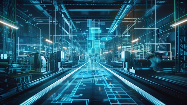 Impianto di produzione industriale con numerose macchine visualizzazione digitale a telaio a filo olografico