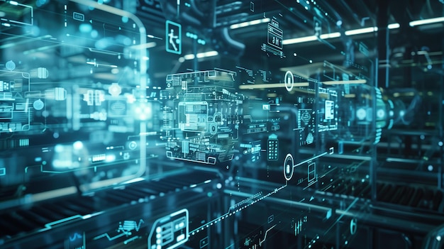 Impianto di produzione industriale con numerose macchine visualizzazione digitale a telaio a filo olografico