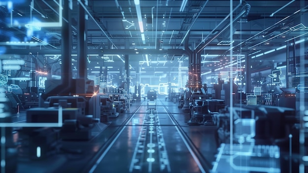 Foto impianto di produzione industriale con numerose macchine visualizzazione digitale a telaio a filo olografico