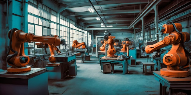 Industrial manufacturing robots in a factory with motion sensors