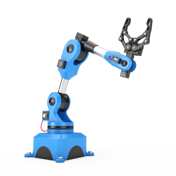 Photo 白い背景の上の産業機械ロボットハンドアームマニピュレーター。 3dレンダリング