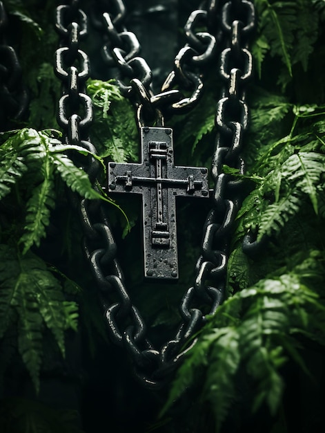 Photo industrial metal sacred cross and chain wrapped palm leaves cross palm sunday photo christian art