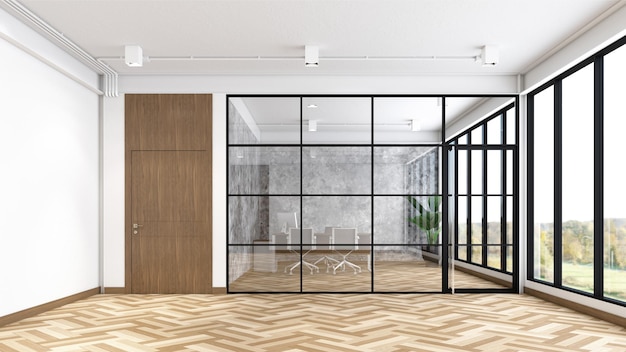 Industrial minimalist style empty room with manager room wood
floor and concrete wall 3d rendering