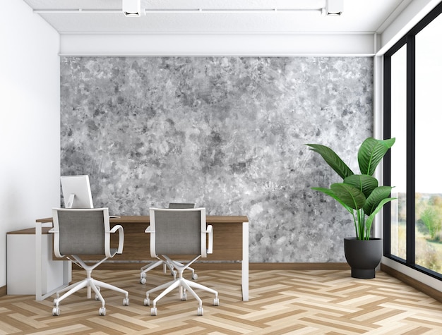 Industrial minimalist style office room with manager desk wood\
floor and concrete wall 3d rendering