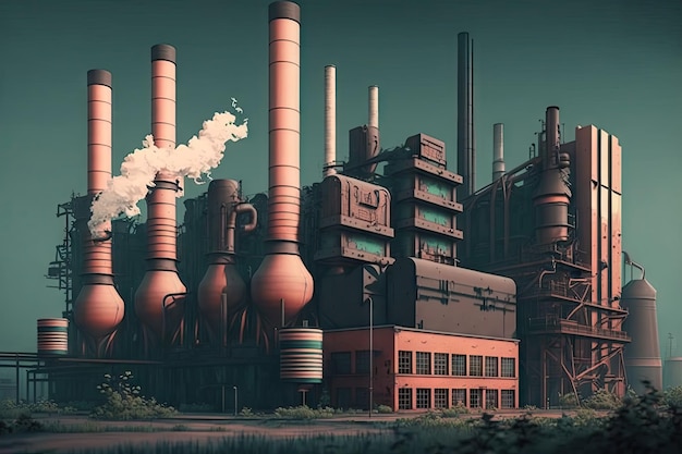 Industrial modern factory with smoking pipes and tall chimneys