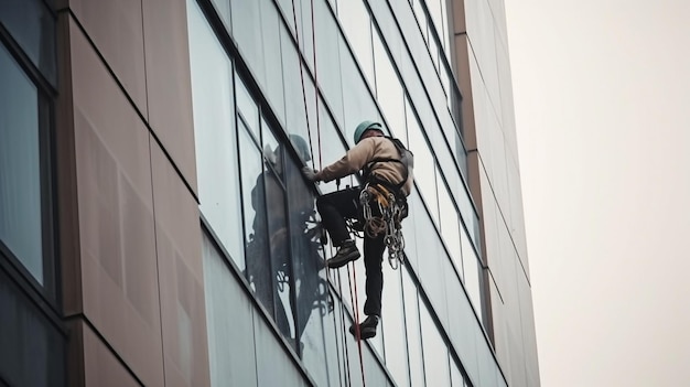 Industrial mountaineer worker washing outside facade glazing hanging over building Generative AI