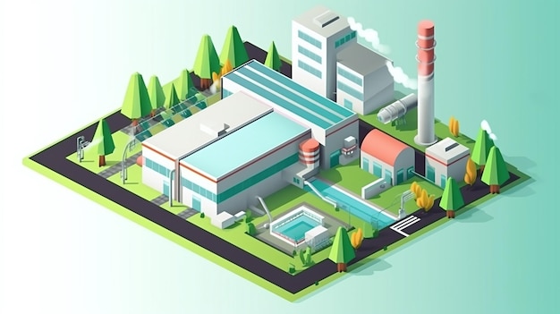 상업 사용에 완벽한 중앙에 풀이 있는 공장의 산업 오아시스 아이소메트릭 그림