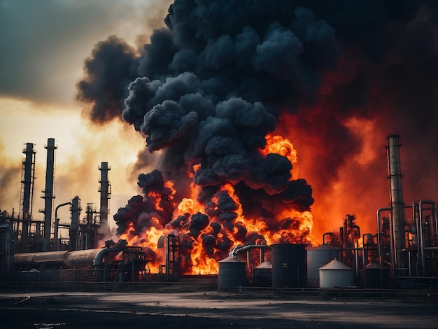 Photo industrial oil refinery fire powerful explosion