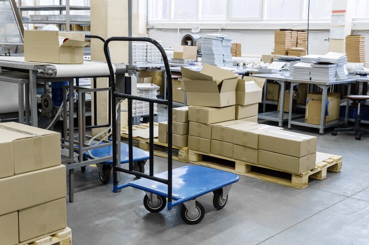 Industrial packaging workshop with equipment and boxes ready for shipment