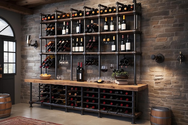 Industrial Pipe Wine Rack Wall Display in a Rustic Cellar