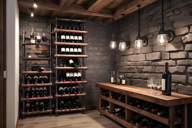 Industrial Pipe Wine Rack Wall Display in a Rustic Cellar